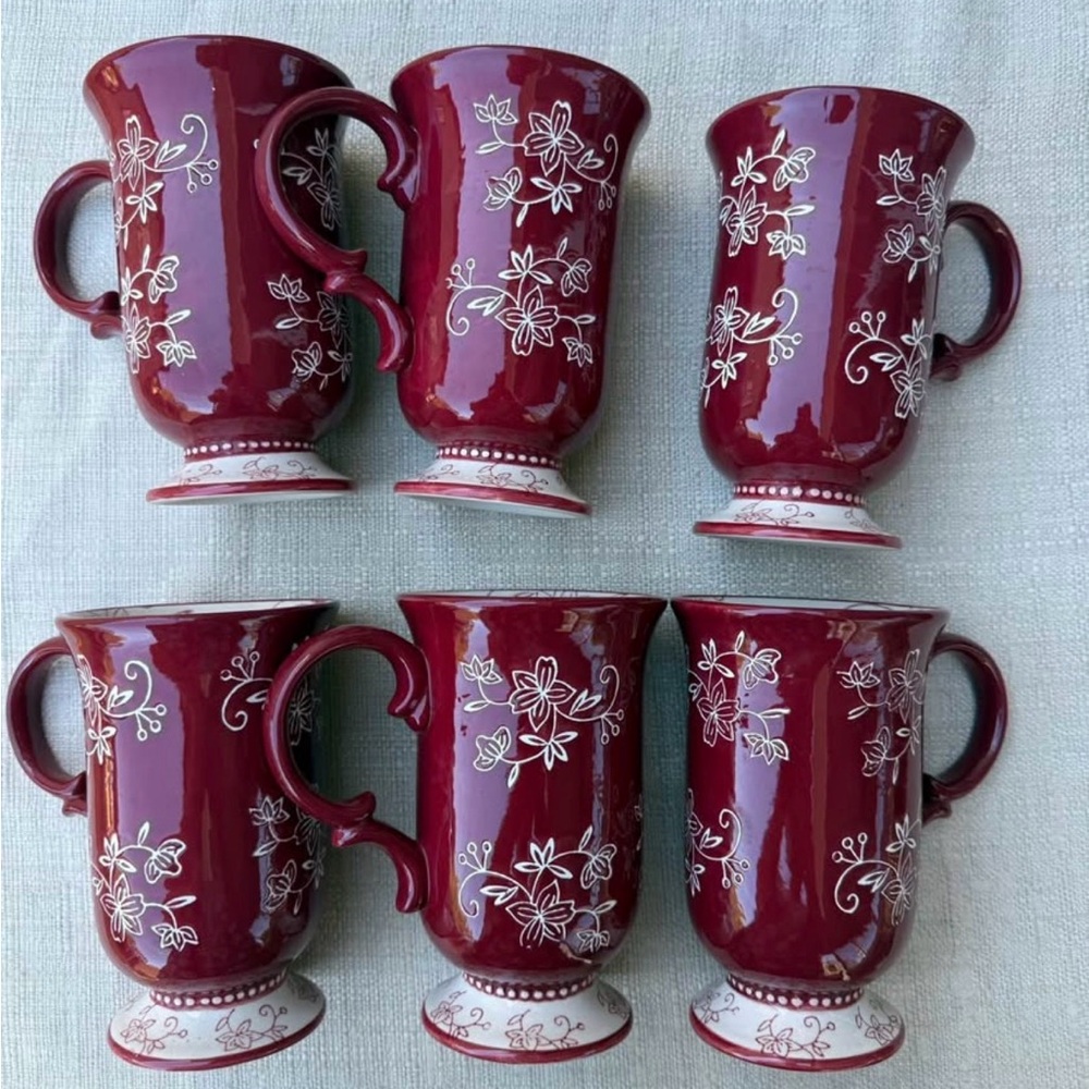 6 Temptations “Floral Lace” cranberry-red 16 oz. coffee cups/ mugs